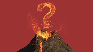 illustration of a volcano erupting and a question mark forming out of lava